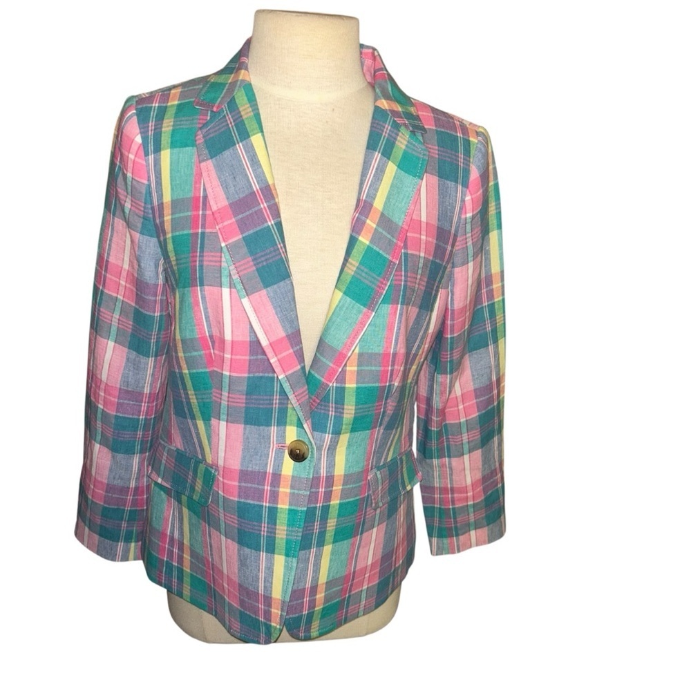 Talbots Petite CLASSIC SUMMER BLAZER MADRAS PLAID 8P Jacket pink